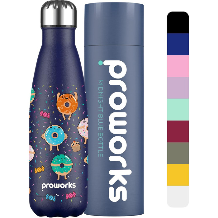Термос Proworks з нержавіючої сталі 1 л, вакуумна ізольована пляшка для води, зберігає 24 год холод і 12 год тепло, для спорту, велоспорту, йоги, кемпінгу, синя Donut-Streusel