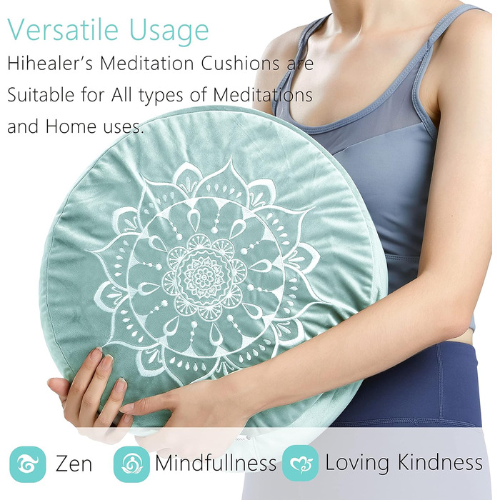 Подушка для медитації Hihealer з додатковим оксамитовим чохлом – велика традиційна подушка для медитації, килимок для йоги, Zafu наповнений лушпинням гречанки, для жінок (Синій & Чорний)