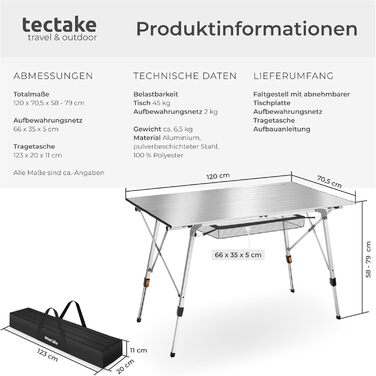 Стіл для кемпінгу Tectake®: розкладний, алюміній, велика стільниця 120x70.5 см, регульована висота, водостійкий, з сумкою