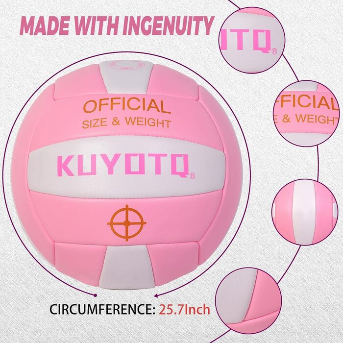 Волейбольний м'яч KUYOTQ рожевий, розмір 5, товста поверхня 3 мм з м'якої шкірозамінника - для гри на пляжі та тренувань, підходить для підлітків та дорослих