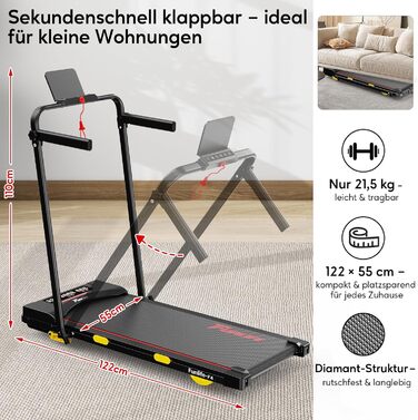 Біговий тренажер FunLife F4 (оновлення 2025) – 4-в-1, складний, з кутом нахилу 7%, керування через додаток, тихий, з двома ручками та страхувальним тросом, 1-12 км/год, для дому, для людей похилого віку, червоний