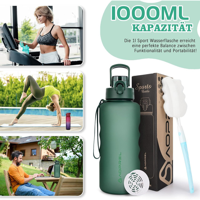 Спортивна пляшка для води AOPREL 1.5L з фільтром, Tritan BPA-free, герметична пляшка для фітнесу, походів, школи та офісу (Зелена)