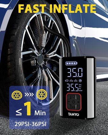 Електричний акумуляторний компресор TANYO 150PSI для авто, велосипедів, мотоциклів і м'ячів, з цифровим манометром і LED підсвічуванням, портативний насос 12В