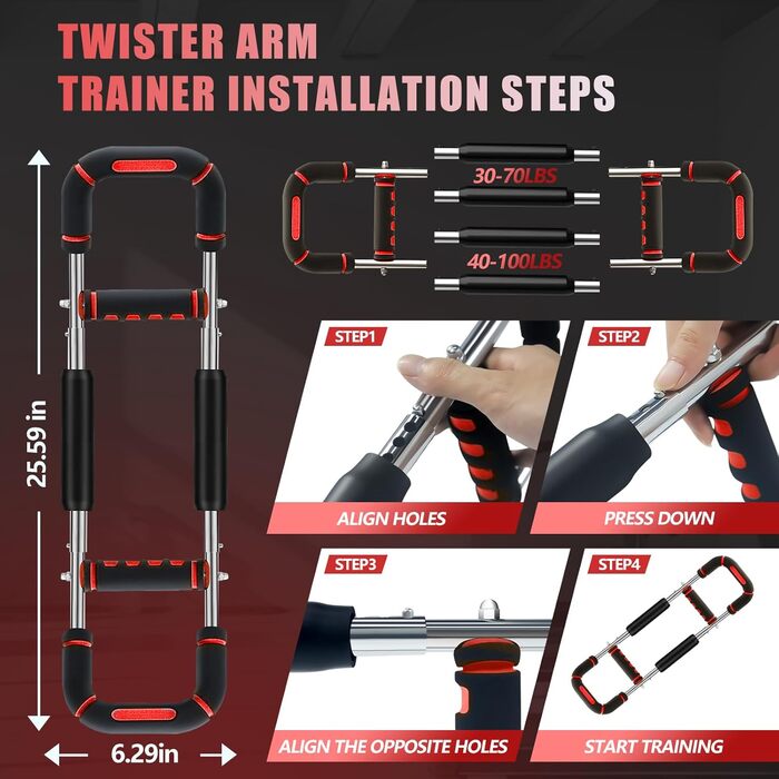 Тренування грудей Twister Armtrainer: 6 рівнів (30-50 кг / 30-150 фунтів), портативний тренажер з регульованою вагою - для дому, офісу та подорожей, червоний