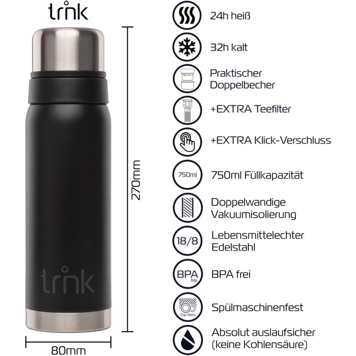 Термос trnk Outdoor polar 2, 750 мл, нержавіюча сталь, BPA-free, з 2 чашками, тримає тепло 24 години, нічний чорний, придатний для миття в посудомийній машині