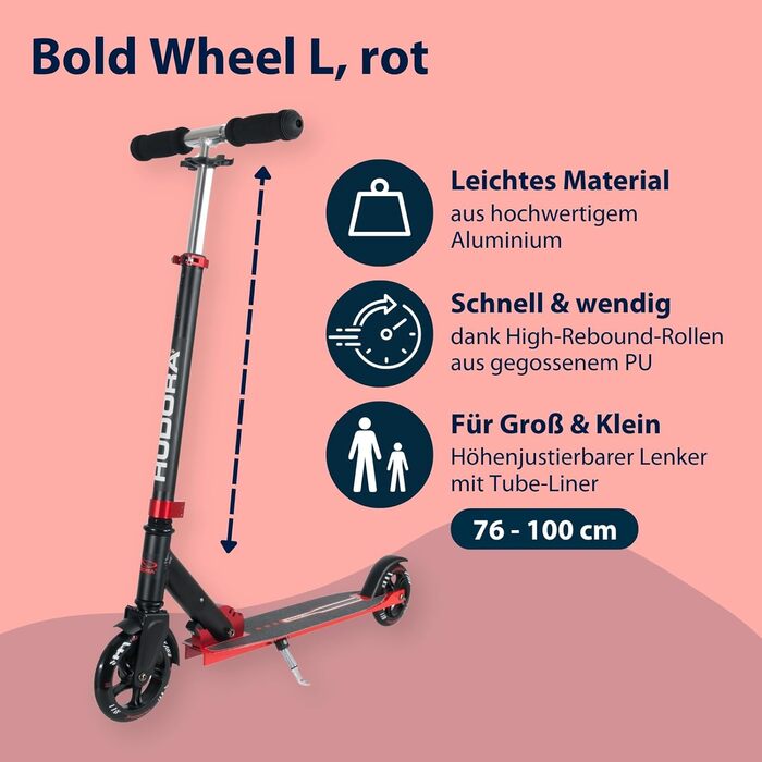 Самокат HUDORA Bold Wheel L з алюмінію, складаний, міський, з підніжкою, регульована висота, для дітей і дорослих до 100 кг