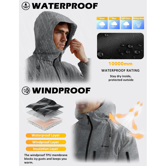 GEYSE чоловіча зимова куртка для сноубордингу та хайкінгу. Водонепроникна вітрозахисна куртка з інтегрованою системою підвіски та капюшоном. Колір: Areegrün (структурований сірий на чорному). Розмір: M