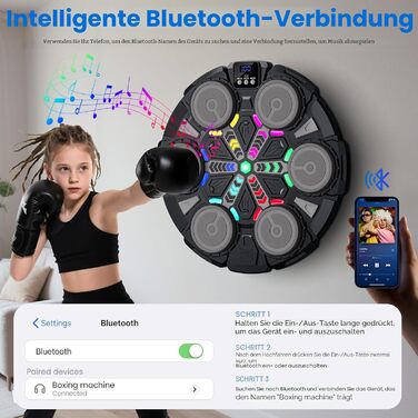 Музичний боксерський тренажер IERAKOR з рукавичками, LED-підсвіткою, Bluetooth, 5 швидкостей, для дітей - Чорний