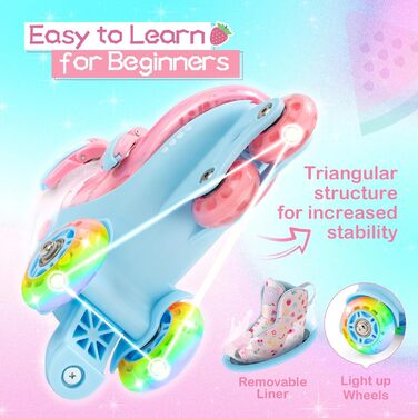 Дитячі ролики для дівчаток, 4 розміри, регульовані, безпечні, дихаюче матеріалу, легкі, для початківців (fruit, XS: 25-27.5 EU)
