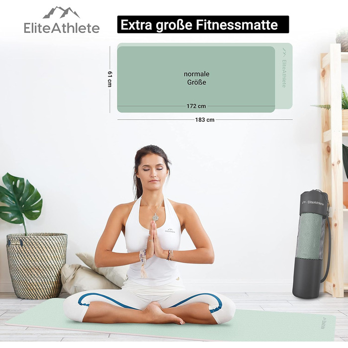 Килимок для йоги та фітнесу EliteAthlete, 183x61x0,6 см, м'який, нековзкий, з ременем і чохлом, м'ятний