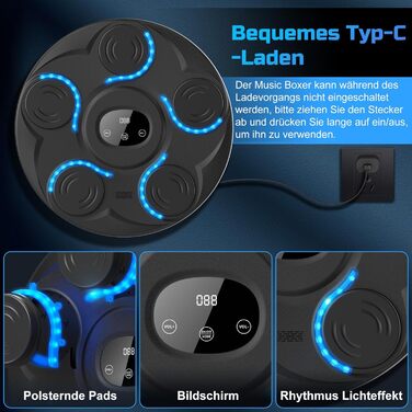 Музична боксерська машина Beatpunch LED з рукавичками. Smart боксерська машина для дому з музикою, для дорослих та дітей. Ідеально для індивідуальних тренувань (black-1)