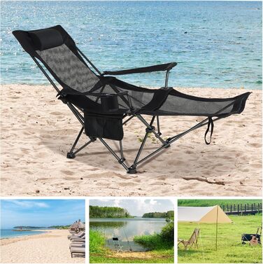 Складний стілець для кемпінгу eSituro, риболовний стілець, стілець для відпочинку на природі з підставкою для ніг та тримачем для напоїв, пляжний стілець з регульованою спинкою (Чорний)