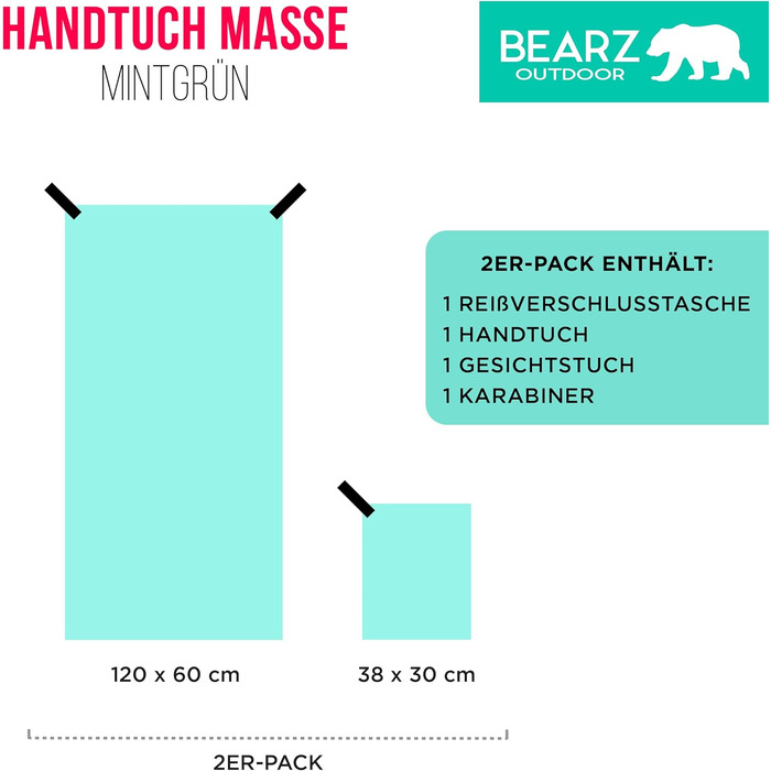 Набір рушників BEARZ Outdoor з мікрофібри (120x60см + рушник для обличчя) - легкі пляжні рушники, швидковисихаючі, для подорожей, спорту, кемпінгу, фітнесу, блакитний (м'ятний)
