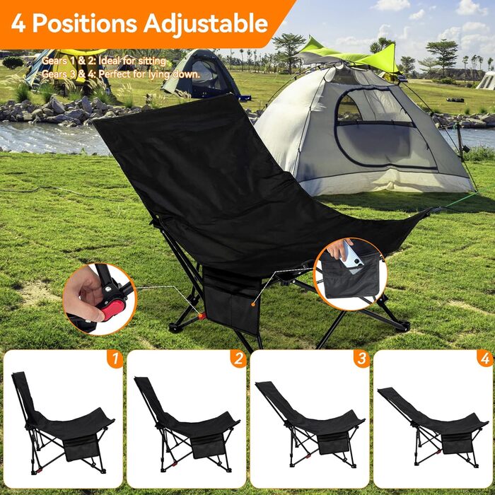 Складний стілець для кемпінгу, риболовлі та відпочинку на природі (150 кг), чорний