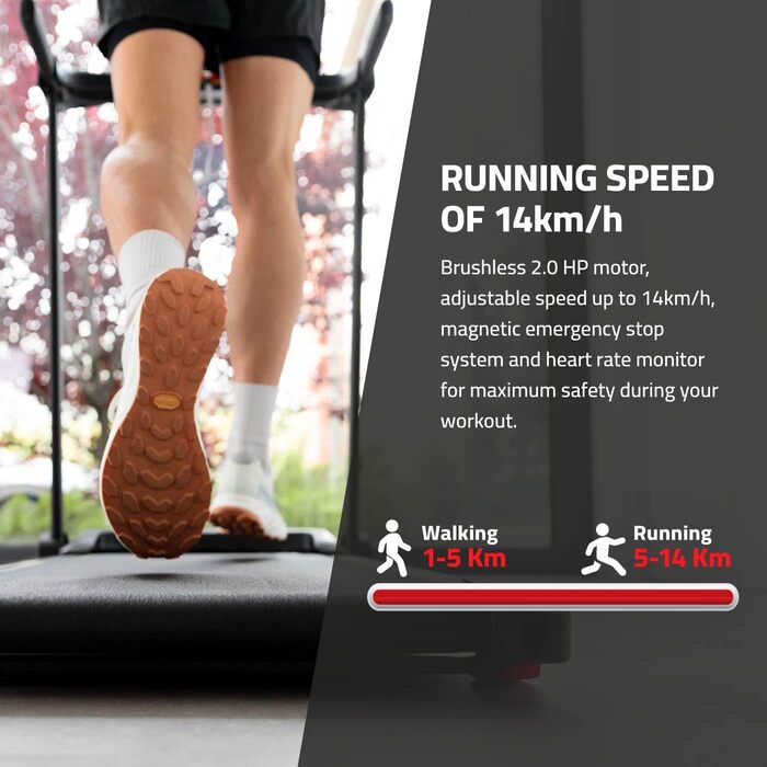 Біговий тренажер FITFIU MC-90 з мотором 2.0 HP, регулюванням швидкості до 14 км/год та нахилом 9%, з підключенням до Kinomap, Zwift та Fitime, динаміком та тримачем для планшета