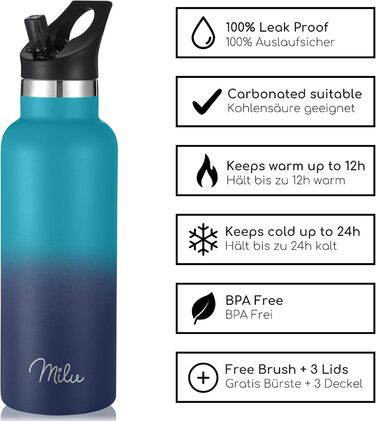 Термос Milu з нержавіючої сталі 500мл, 750мл, 1000мл (+3 кришки) - ізольована пляшка для води з трубочкою, подвійні стінки, витримує газовані напої (зелено-блакитний, 0,5Л)