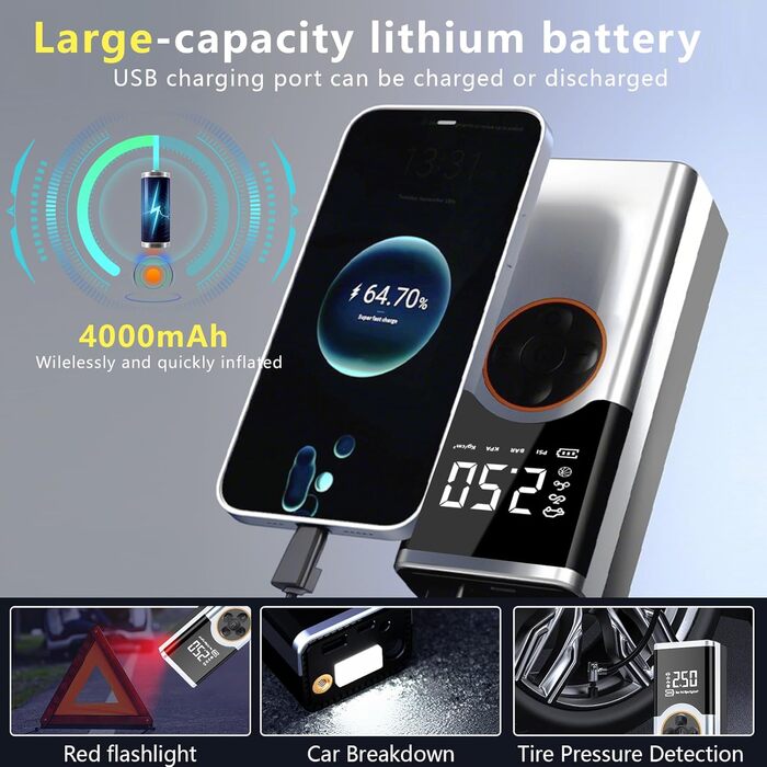 Електричний компресор LOVPIS для велосипеда, авто, мотоцикла, м'ячів (150PSI, 4000mAh)