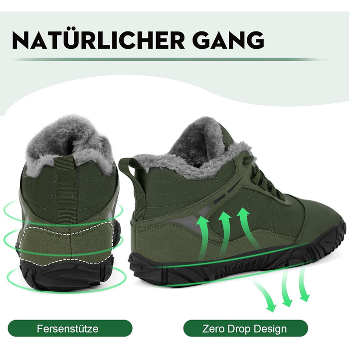 Чоботи для піших прогулянок Ruyi Barfußschuhe Winter Warm: тепла зимова модель для жінок та чоловіків, водонепроникні, з антиковзкою підошвою та широкою передньою частиною (армійний зелений, 44 EU)