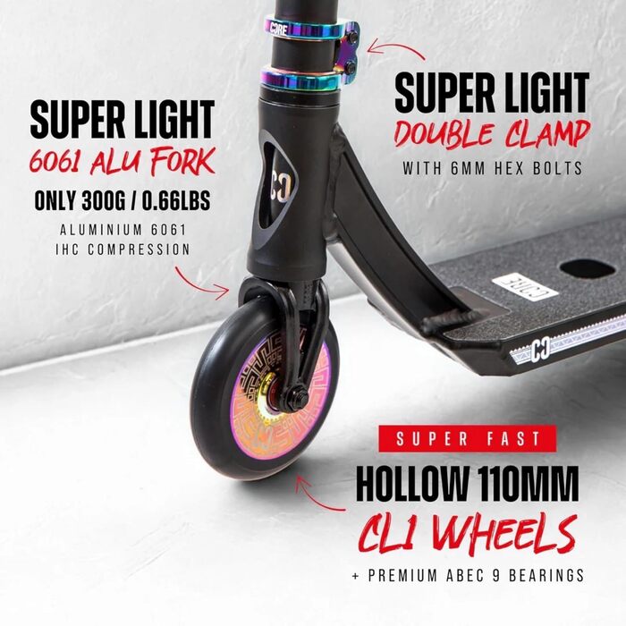 Трюковий самокат CORE Stunt-Scooter Trick 110мм, ABEC 9, для дітей та дорослих (від 5 років), регульована висота 78-96см + наклейка Fantic26 (Чорний/Райдуга)
