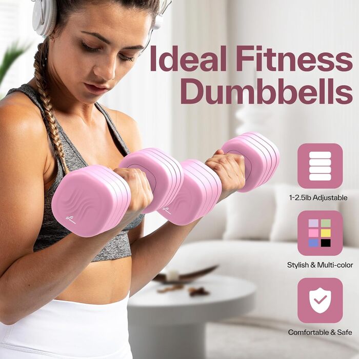 Набір гантелей Sportneer регульовані для жінок – 2 шт. (вага 1–2,5 кг) з неслизьким TPU-покриттям, 4-в-1 для домашніх тренувань, фітнес-обладнання, силові тренування (Wildrose)