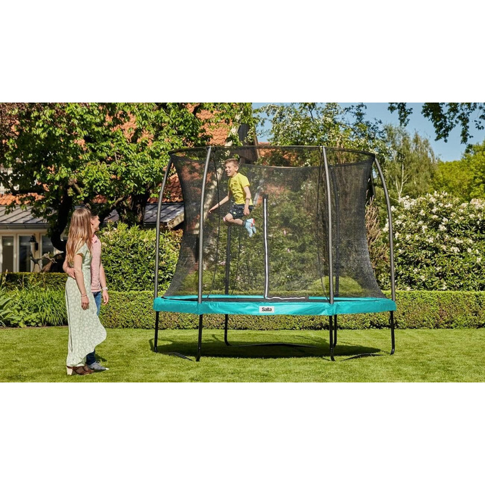 Трамплін Salta Comfort Edition (різні діаметри) – ⌀183/213/251/305/366/396/427cm – Сертифікований TÜV – Кольори: зелений/рожевий – Круглий, для вулиці, з комплектом: мат, сітка, пружини, захисний бордюр