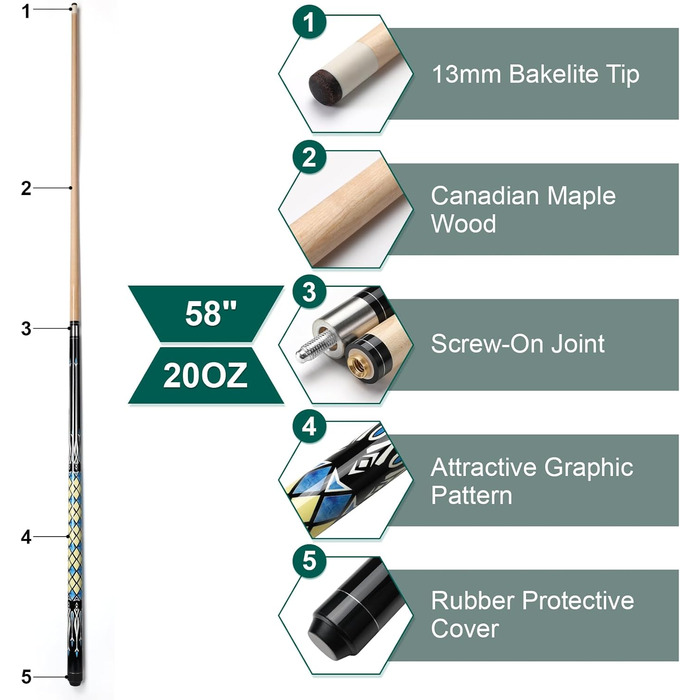 ASMPCUE Більярдний кий 58'' 20oz з чохлом з PU шкіри, канадський клен, 13mm наконечники, для професійних гравців, жовтий