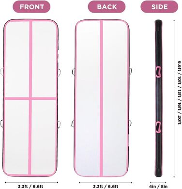 Гімнастичний надувний мат для тренувань, 10/20 см, надувна, 2/3/4/5/6 м, чорний/рожевий, 300x100x20 см