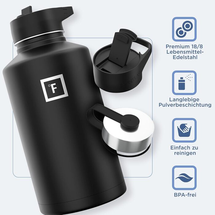Термос-гуртка Iron Flask 1890 мл з 3 кришками, вакуумна пляшка з нержавіючої сталі, подвійні стінки, спортивна металева фляга