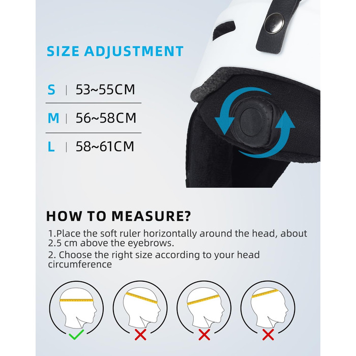 Шолом для сноуборду та лиж для чоловіків та жінок, дорослий, вентиляційні отвори, EPS-сердечник, розмір M (56-58 см), білий
