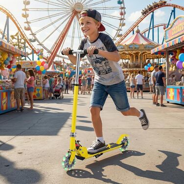 Дитячий ролер GOPLUS Roller Kinder 4 роки з LED-колесами, гальмом на задньому колесі та підніжкою, регульована висота, легкий алюмінієвий, складний, до 70 кг (жовтий)