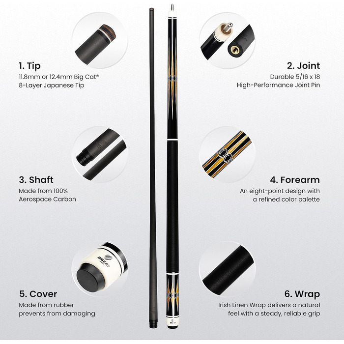 Більярдний кий Big Cat Carbon Gold Series GLD-3, карбоновий шафт Pro Taper 30.5 см, накінечник 12.4 мм, вага 19oz, чорна ірландська лляна обмотка