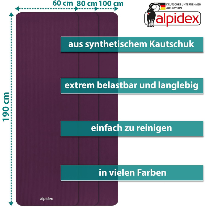 ALPIDEX Йога-мат для фітнесу 1,5 см, нековзкий, без фталатів, 3 розміри, з ременем, для йоги, пілатесу, гімнастики, спорту