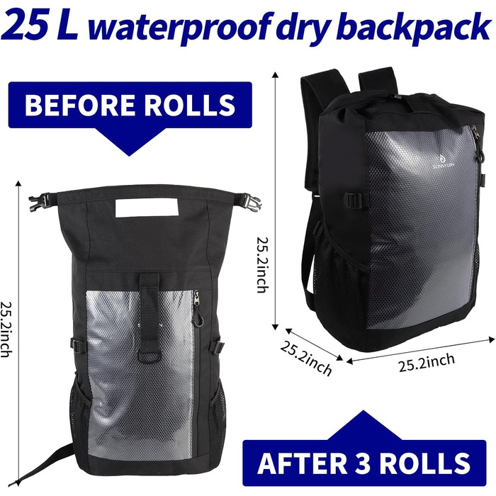 Водонепроникний рюкзак Seesack Rolltop з кишенею для телефону, 25L, для плавання, каякінгу, рафтингу, пляжу, чоловічий/жіночий (чорний)
