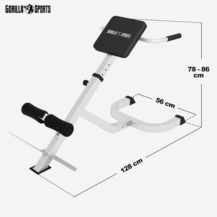 Рік-тренажер GORILLA SPORTS® з регулюванням, до 120 кг, з фіксацією ніг, чорний/білий. Для тренування спини, пресу та м'язів кора. Ідеально для дому.