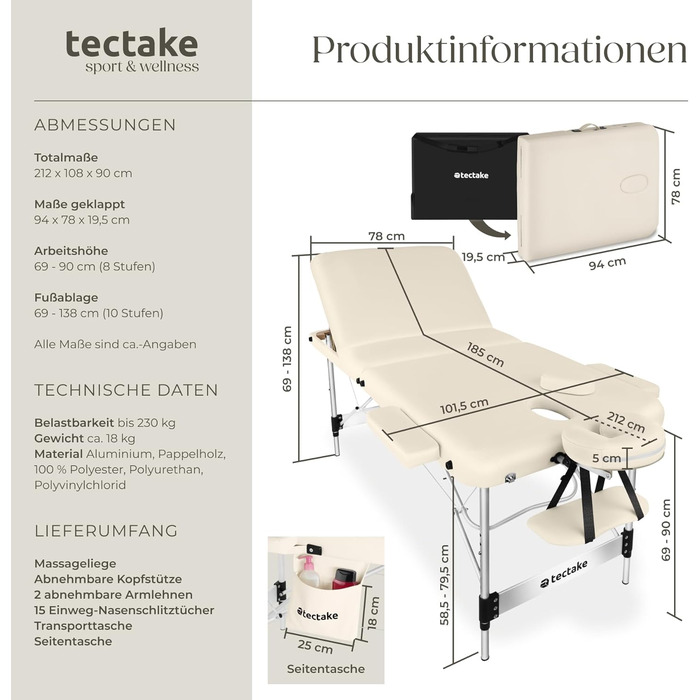 Масажний стіл Tectake 3 зони, складаний, регульована висота, з аксесуарами (головна підтримка, підлокітники, сумка) - Бежевий