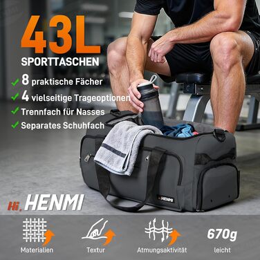 Спортивна сумка для подорожей та тренувань HENMI, 43 л, унісекс (Сіра)