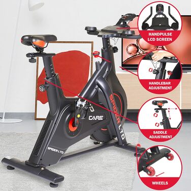 Велотренажер Care Fitness Spider LTD з Bluetooth, магнітним гальмом, ремінним приводом, 15 кг маховиком, програмами Kinomap