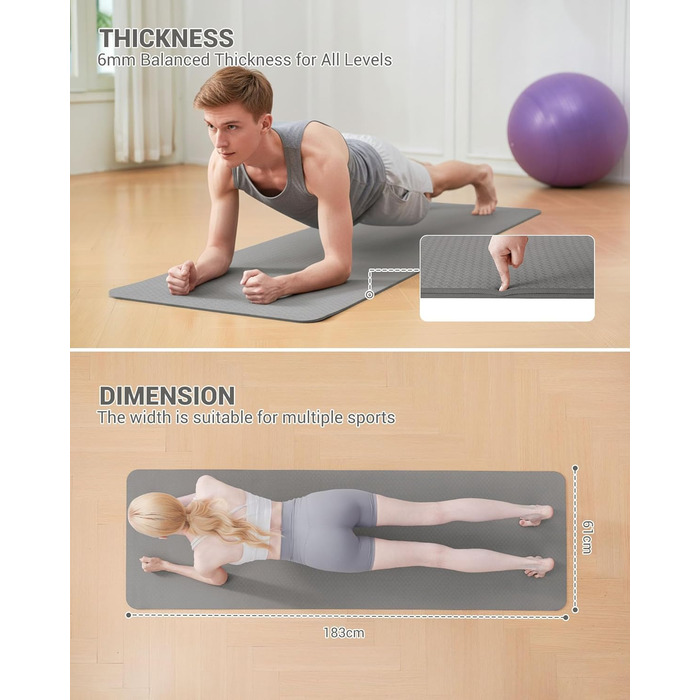 Килимок для гімнастики, йоги та фітнесу. Спортивний килимок для тренувань, пілатесу, з ручкою для перенесення, 183 x 61 x 0.6 см, сірий