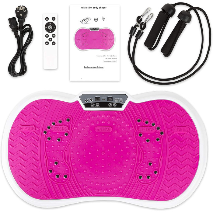 Віброплатформа для фітнесу з еластичними стрічками та Bluetooth, для дому, рожево-біла