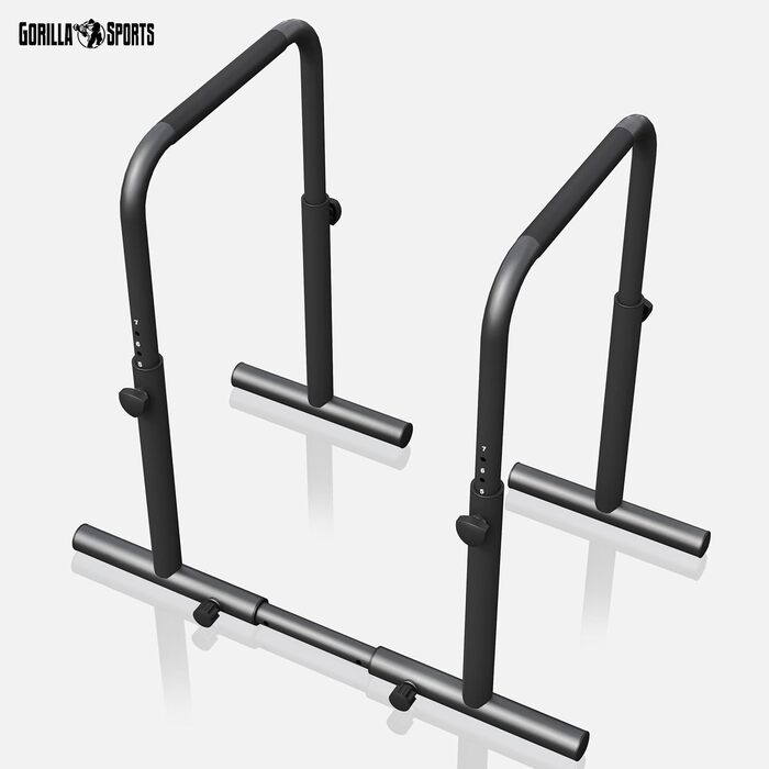 GORILLA SPORTS® Бруси для віджимань та діпів, регульовані, 80-100 см, нековзні, сталь, до 500 кг, чорні – паралети, станція для діпів, обладнання для калістеніки для дому