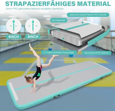 Гімнастичний надувний мат AKSPORT Air Matte Track 3/4/5/6 м, 10/20 см, з насосом для дому, тренувань, залу, черлідингу