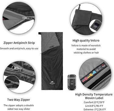 Спальний мішок Naturehike Ultraleicht: ультралегкий, компактний, для 3 сезонів, 190x75/205x85 см, вага 680/760 г, для походів, кемпінгу, рюкзаків, чорний, XL