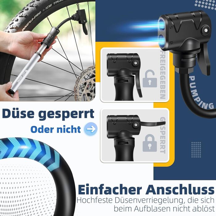 Міні-насос для велосипеда West Biking - Алюмінієвий насос для велосипеда, сумісний з усіма типами вентилів, портативний, швидке накачування шин, легкий, для MTB, шосе, м'ячів (срібний)