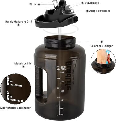 Спортивна пляшка BuildLife 2,5 л з міткою часу та двома кришками - без BPA - для залу (2500 мл, чорна) Чорна 2500 мл