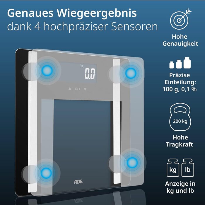 Ваги для тіла ADE Ines з аналізом складу тіла (жир, м'язи, ВМІ) | До 200 кг | Білий/Чорний