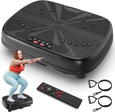 Вібраційна платформа для дому, 99 рівнів інтенсивності + 10 програм тренувань, пристрій для тренування всього тіла для нарощування м'язів та спалювання жиру, в комплекті з 2 фітнес-гумками (зелений/чорний)