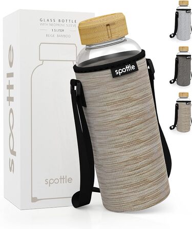Скляна пляшка для води spottle 1,5 л з бамбуковою кришкою, широка горловина, підходить для газованої води, бежевий меланж, можна мити в посудомийній машині
