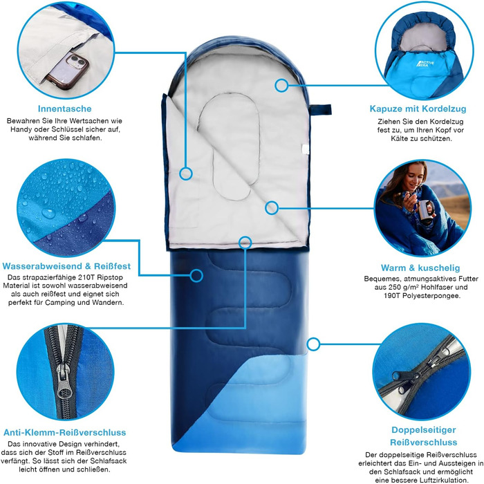 Сплячий мішок Active Era Premium Mumienschlafsack 250 GSM для зими та літа, 0°C - 15°C, кемпінг, фестивалі, водонепроникний, ультралегкий, малий об'єм (Блакитний)