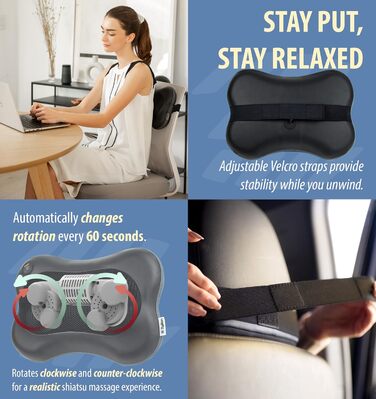 Масажер для спини та шиї Zyllion Shiatsu 3D – глибокий масаж м'язів для дому та авто (кабельне підключення, чорний)