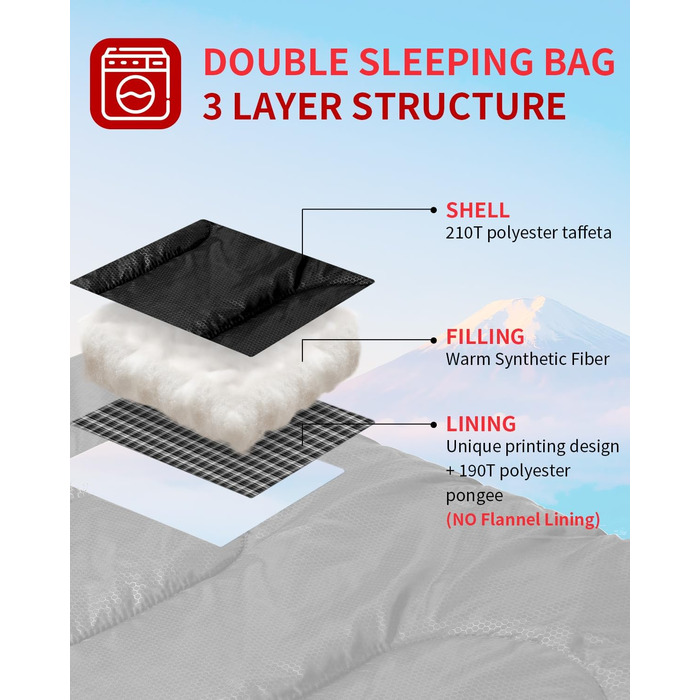 Сплячий мішок Outdoor Sportneer для 2 осіб: двомісний спальний мішок для кемпінгу, 3 сезони, 220x150 см, 2.75 кг, з 2 подушками, для дорослих, чорний (без фланелевої підкладки)